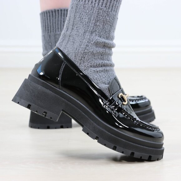 Black Patent Horsebit Loafers Chunky Platform Lug Sole Slip-Ons Modern Academia - Picture 13 of 16